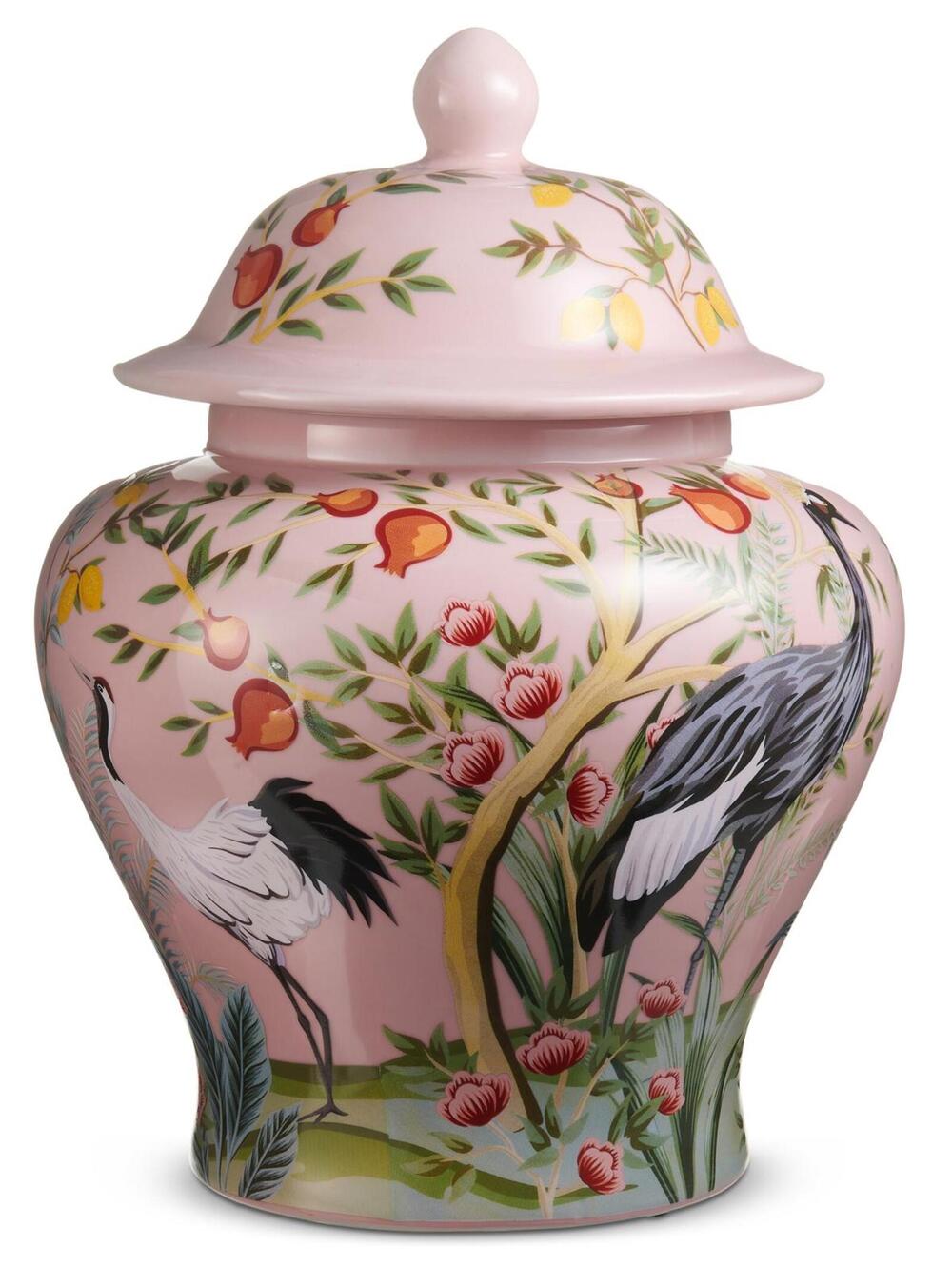 16" Citrus Ginger Jar Multi Color, Birds, Lemons Fruits, Water Sealed Pink